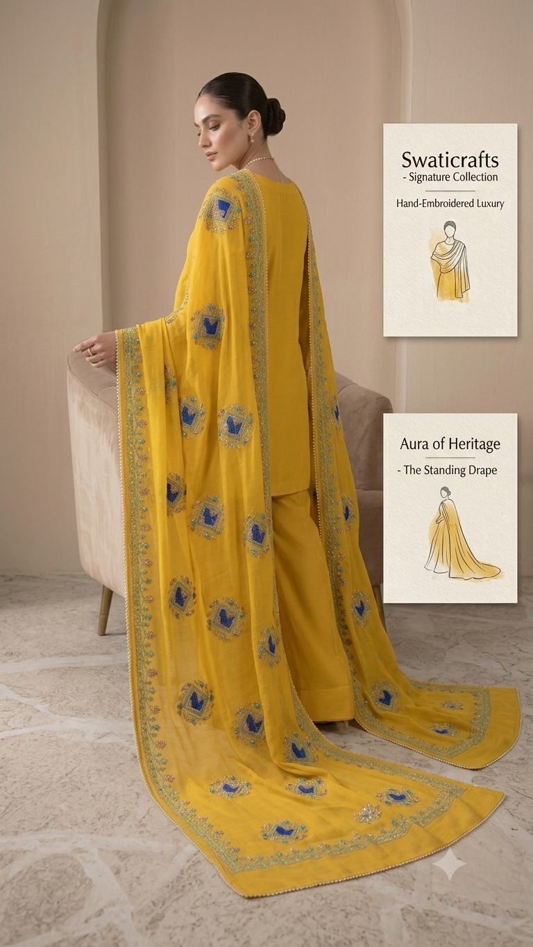 Swaticrafts Signature: Imperial Yellow Hand-Embroidered Lawn