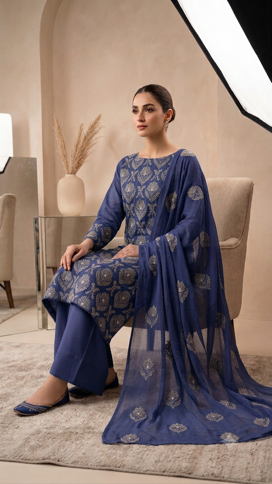 Indigo Swiss Lawn 3-Piece Unstitched Suit 💙