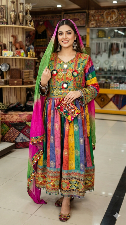 Traditional Pakistani Embroidered Afghani Frock & Dupatta Set