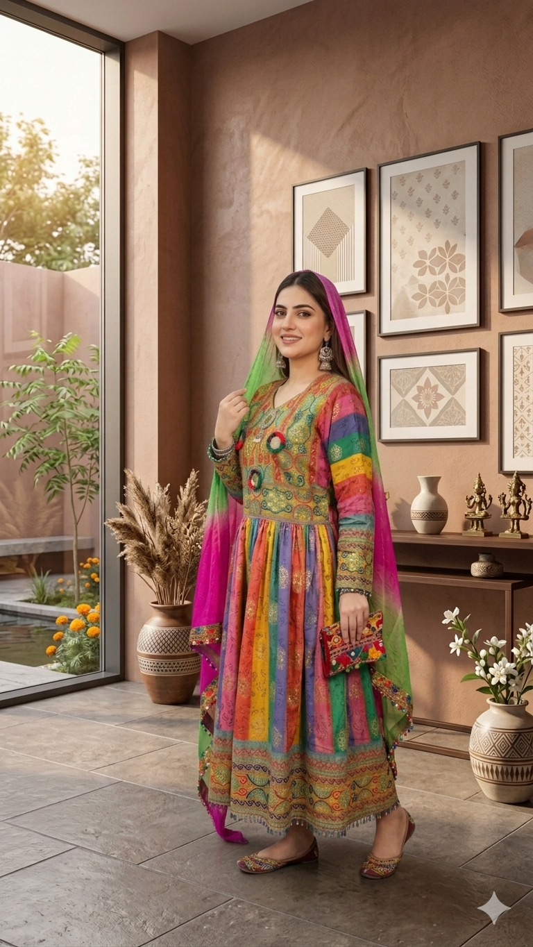 Traditional Pakistani Embroidered Afghani Frock & Dupatta Set