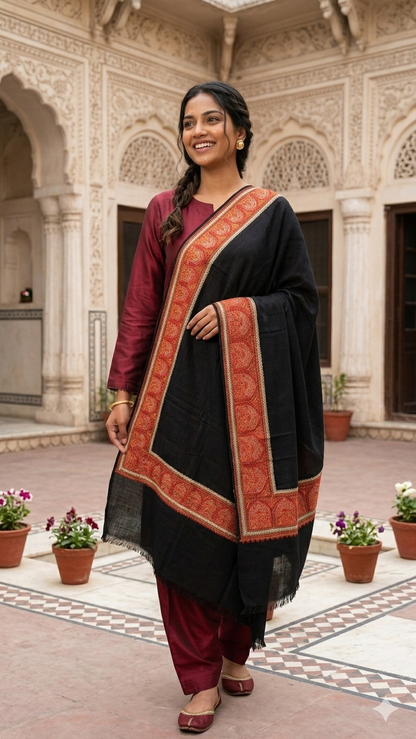 Kashmiri Style Pashmina Shawl-Premium Black & Red Embroidery