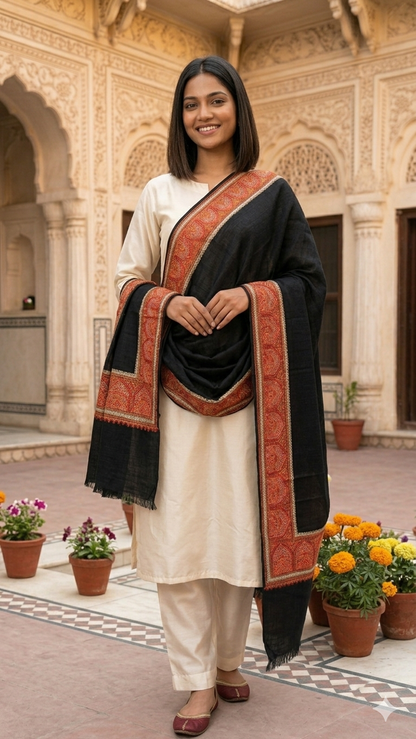 Kashmiri Style Pashmina Shawl-Premium Black & Red Embroidery