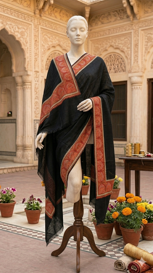 Kashmiri Style Pashmina Shawl-Premium Black & Red Embroidery
