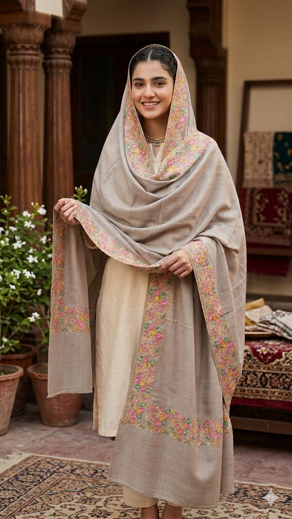 Premium Soft Pashmina Shawl with Vibrant Machine-Work Floral Detailing
