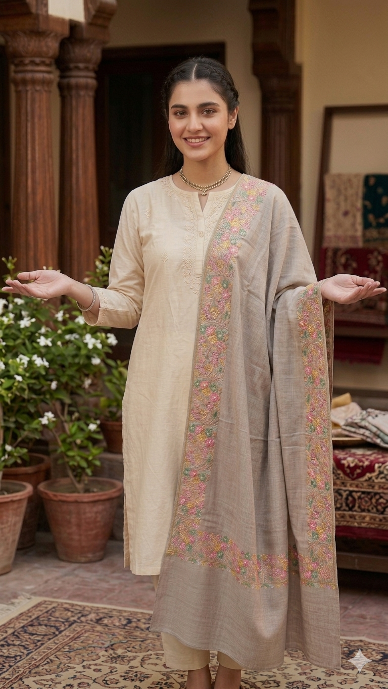 Premium Soft Pashmina Shawl with Vibrant Machine-Work Floral Detailing