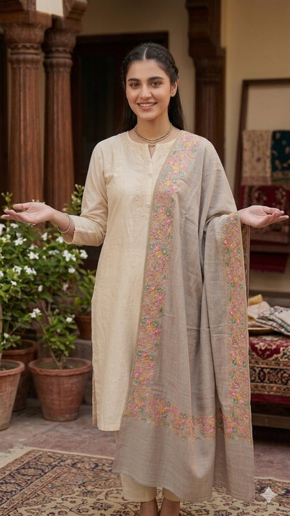 Premium Soft Pashmina Shawl with Vibrant Machine-Work Floral Detailing