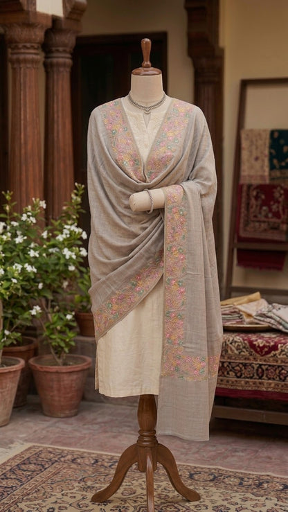 Premium Soft Pashmina Shawl with Vibrant Machine-Work Floral Detailing