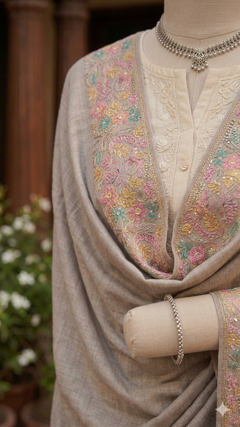 Premium Soft Pashmina Shawl with Vibrant Machine-Work Floral Detailing