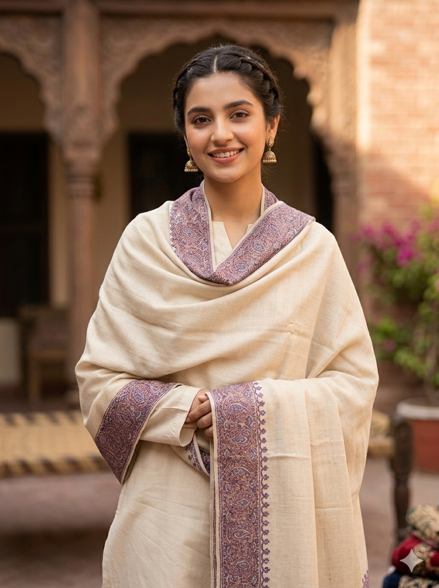 Premium Soft Pashmina Shawl with Vibrant Machine-Work Floral Detailing