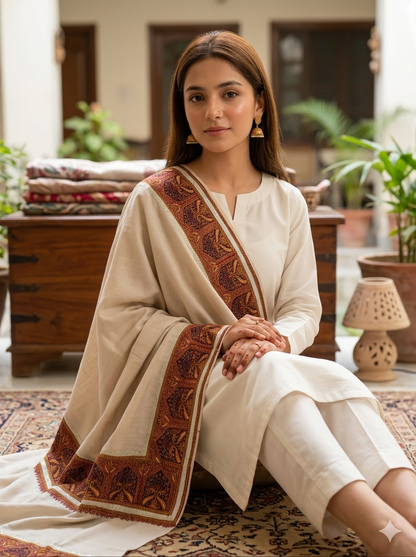 Premium Soft Pashmina Shawl with Vibrant Machine-Work Floral Detailing