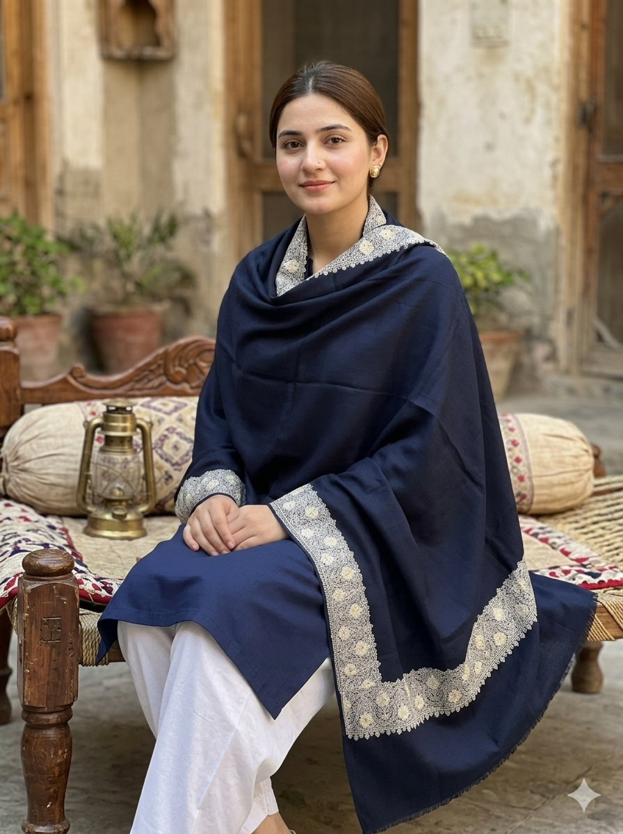 Premium Soft Pashmina Shawl with Vibrant Machine-Work Floral Detailing