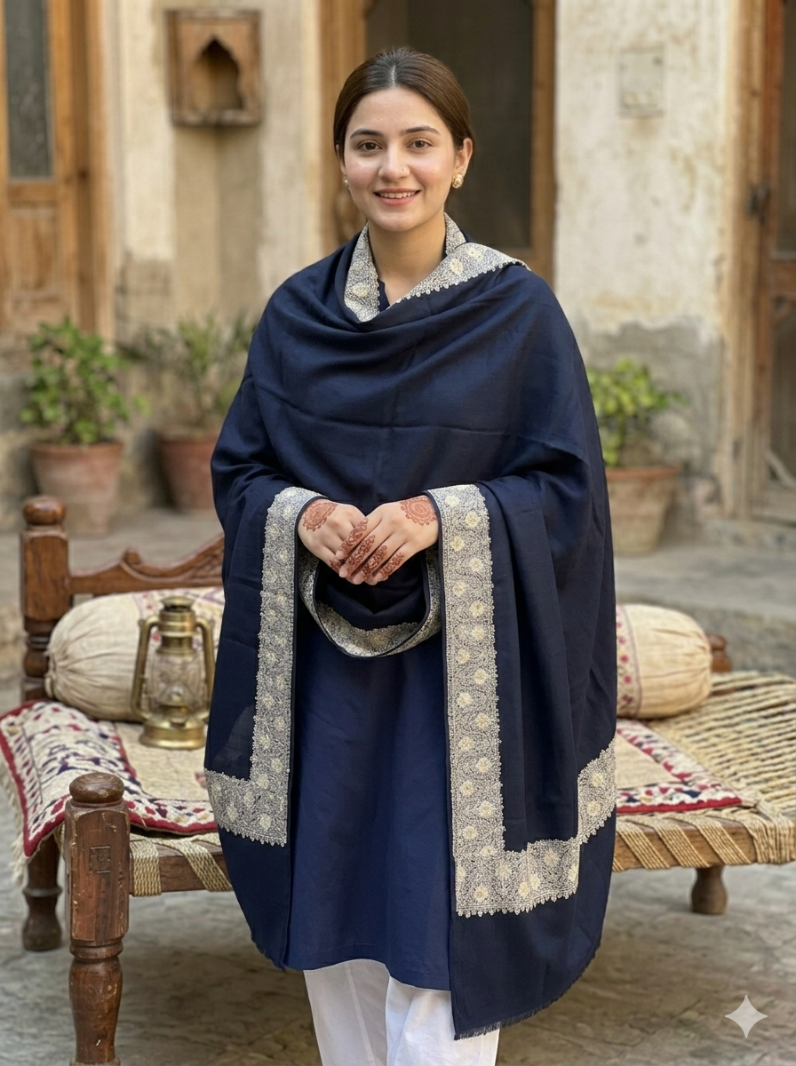 Premium Soft Pashmina Shawl with Vibrant Machine-Work Floral Detailing