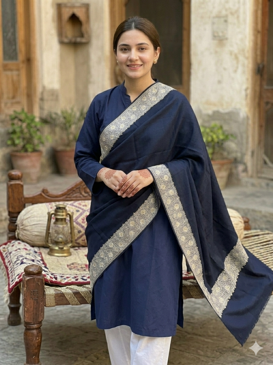 Premium Soft Pashmina Shawl with Vibrant Machine-Work Floral Detailing