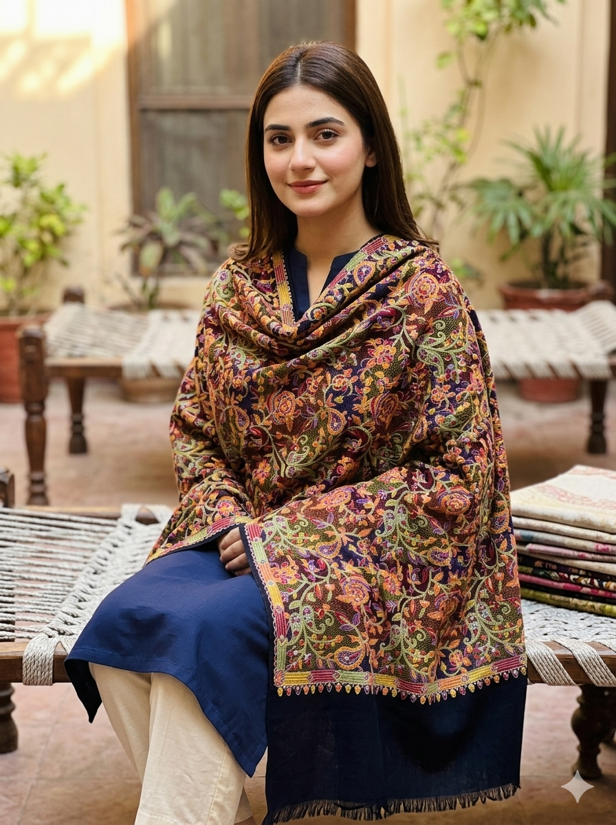 Hand-Embroidered Paisley Pashmina Shawl – Traditional Craftsmanship