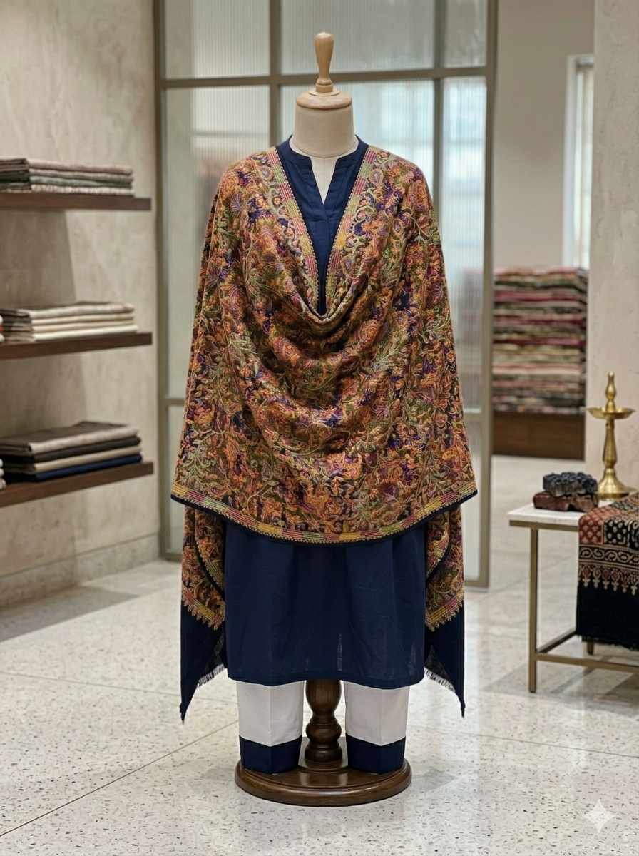 Hand-Embroidered Paisley Pashmina Shawl – Traditional Craftsmanship