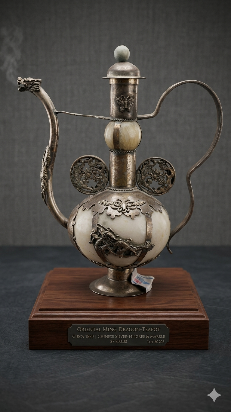 Oriental Ming Dynasty Dragon-Teapot | Handcrafted Jade & Silver Masterpiece