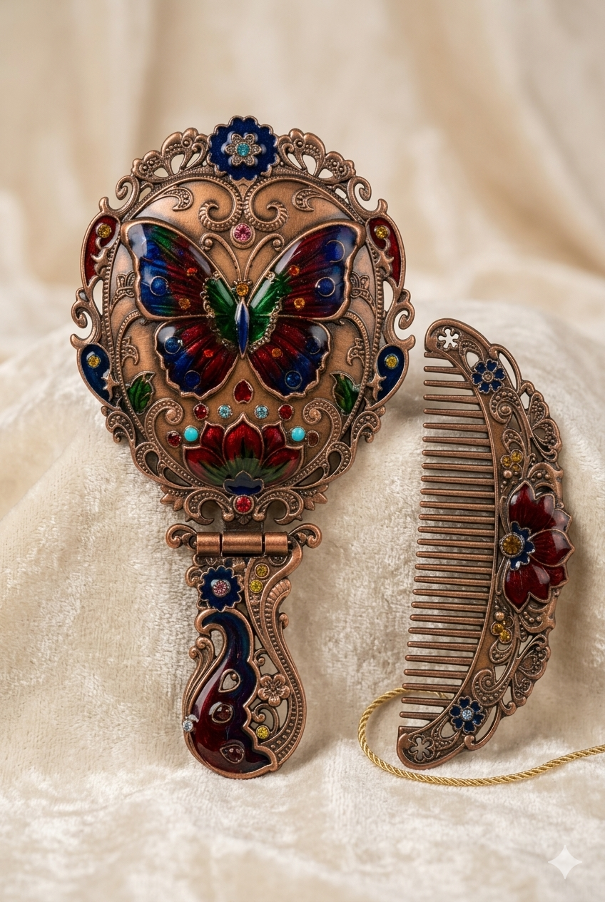 Ornate Butterfly Mirror & Comb Gift Set