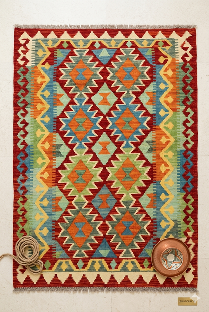 Bohemian Style Afghan Kilim Area Rug | Premium Hand-Crafted Wool – Swaticrafts 4X4