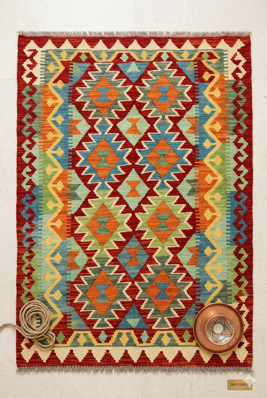 Bohemian Style Afghan Kilim Area Rug | Premium Hand-Crafted Wool – Swaticrafts 4X4