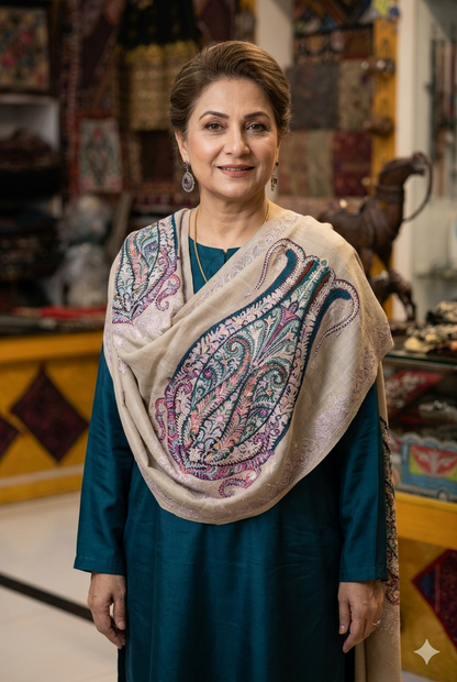 Hand-Embroidered Pure Pashmina Shawl (Chain-Stitch)