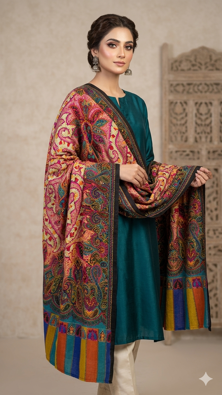 Qalamkaar Pure Pashmina Chain-Stitch Shawl