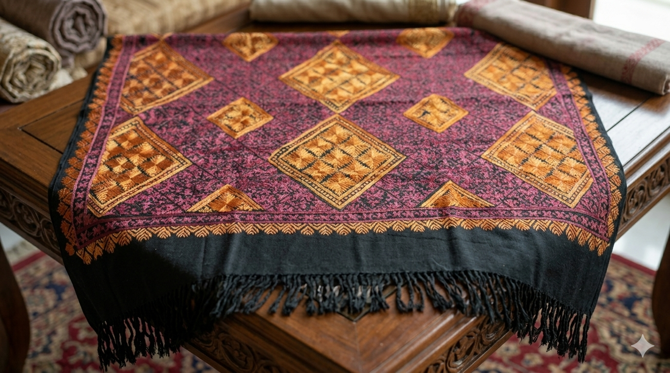 Swaticrafts Premium Hand-Embroidered Swat Phulkari Shawl – Traditional Geometric Artistry