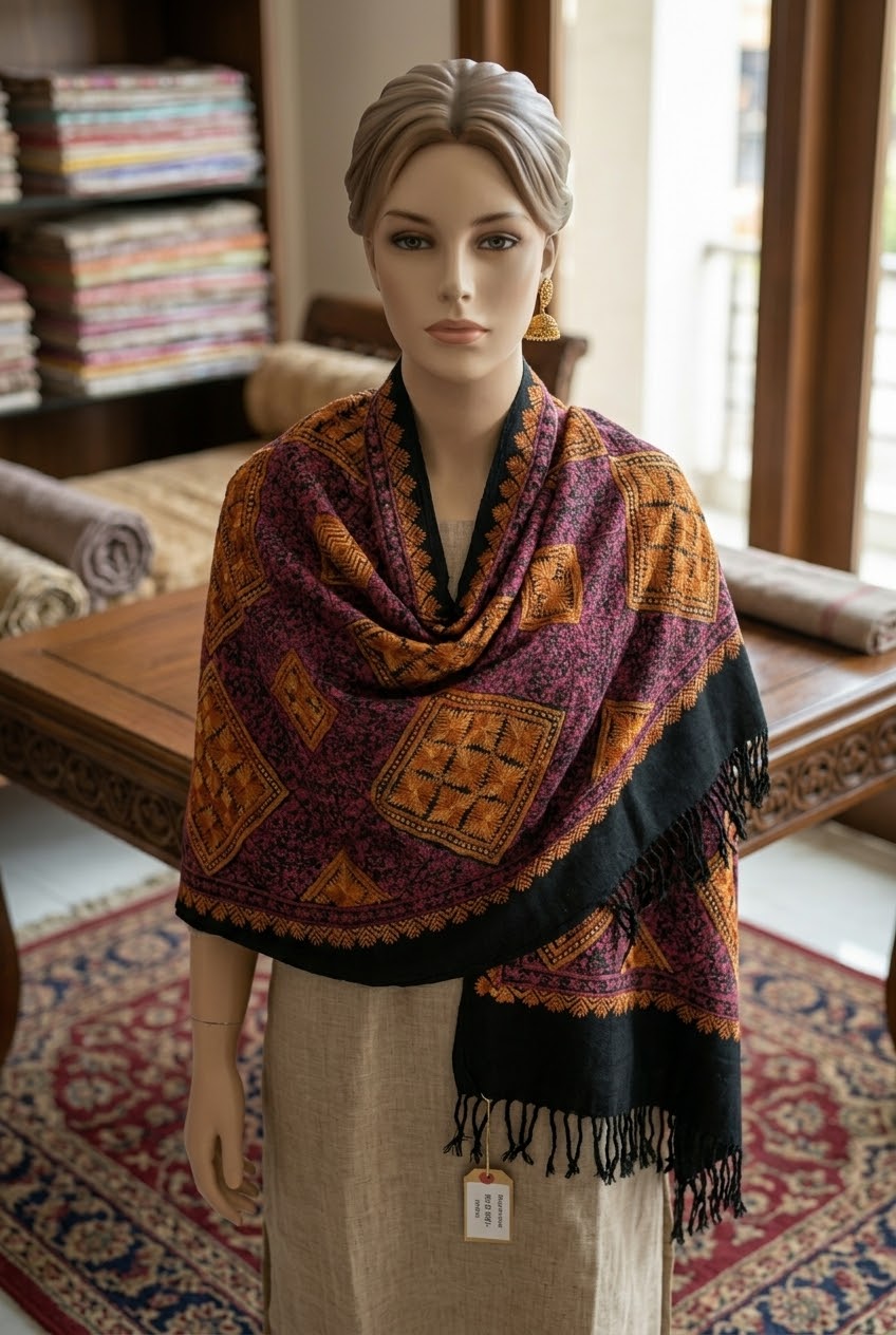 Swaticrafts Premium Hand-Embroidered Swat Phulkari Shawl – Traditional Geometric Artistry