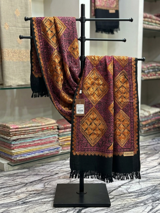 Swaticrafts Premium Hand-Embroidered Swat Phulkari Shawl – Traditional Geometric Artistry