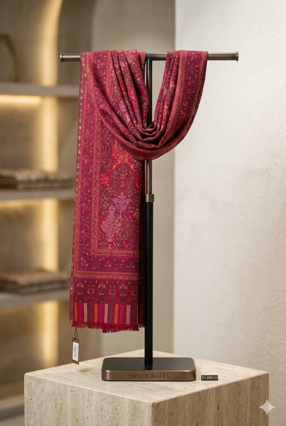 Swaticrafts Hand-Woven Kaani Shatosh Wool Shawl - Deep Crimson