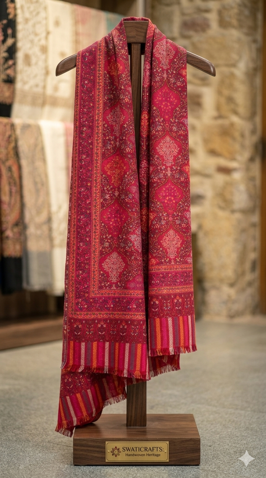 Swaticrafts Hand-Woven Kaani Shatosh Wool Shawl - Deep Crimson