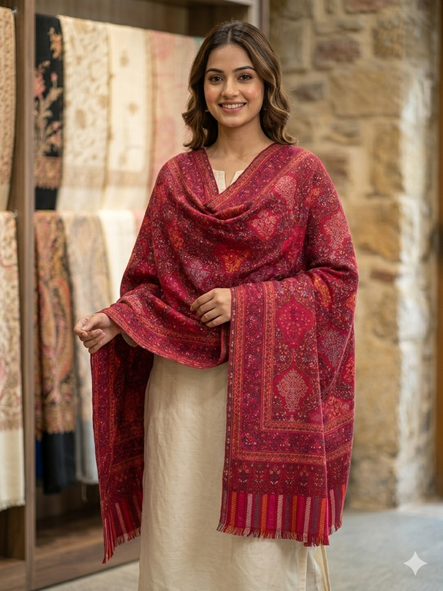 Swaticrafts Hand-Woven Kaani Shatosh Wool Shawl - Deep Crimson