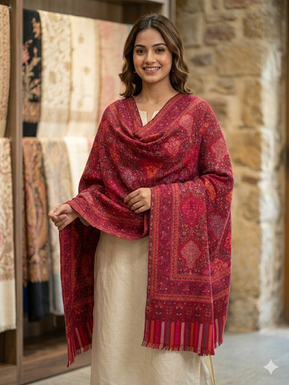 Swaticrafts Hand-Woven Kaani Shatosh Wool Shawl - Deep Crimson