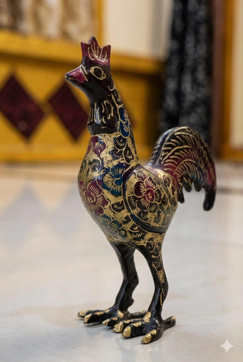 Artisanal Hand-Etched Brass Rooster Figurine by Swaticrafts