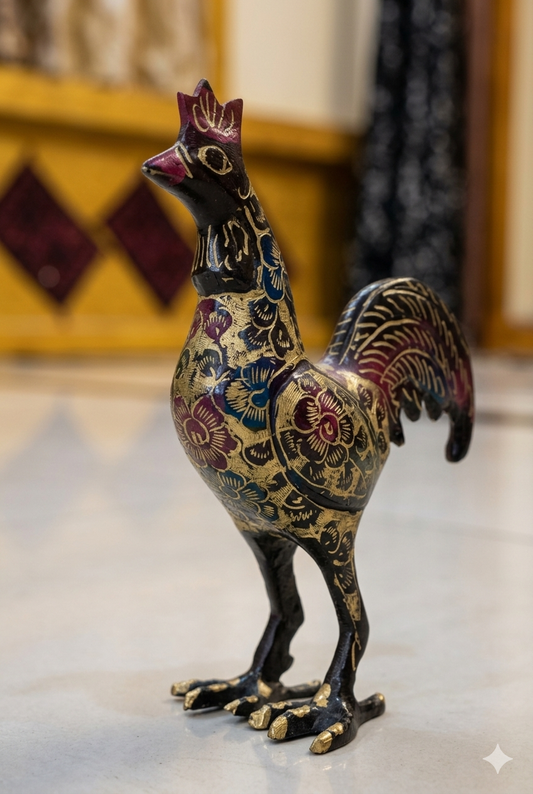 Artisanal Hand-Etched Brass Rooster Figurine by Swaticrafts