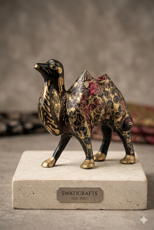 Swaticrafts Hand-Carved Floral Embellished Brass Camel Figurine