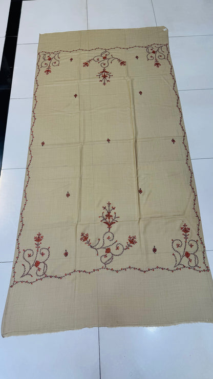 Heritage Bloom: Hand-Embroidered Beige Pashmina Shawl