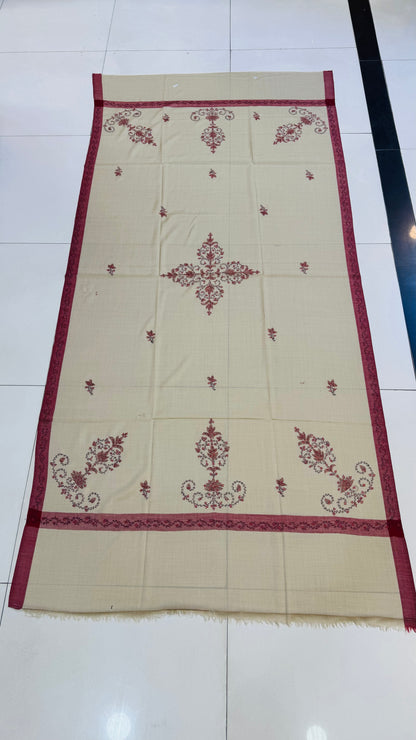 Heritage Bloom: Hand-Embroidered Beige Pashmina Shawl