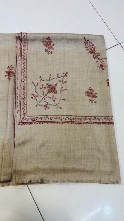 Heritage Bloom: Hand-Embroidered Beige Pashmina Shawl