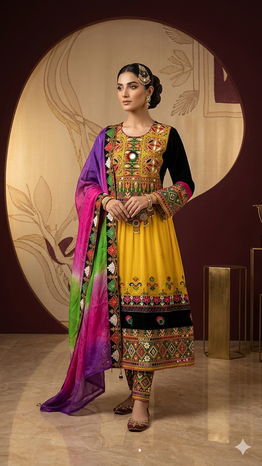 Traditional Pakistani Embroidered Afghani Frock & Dupatta Set