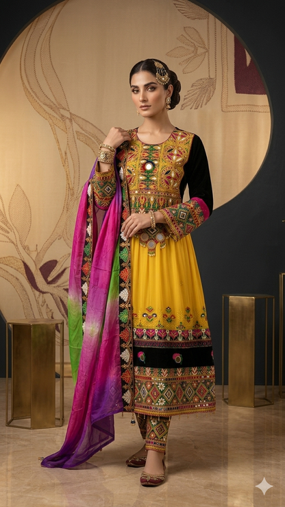Traditional Pakistani Embroidered Afghani Frock & Dupatta Set