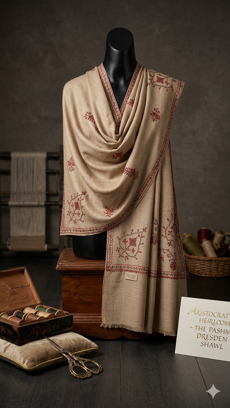 Heritage Bloom: Hand-Embroidered Beige Pashmina Shawl