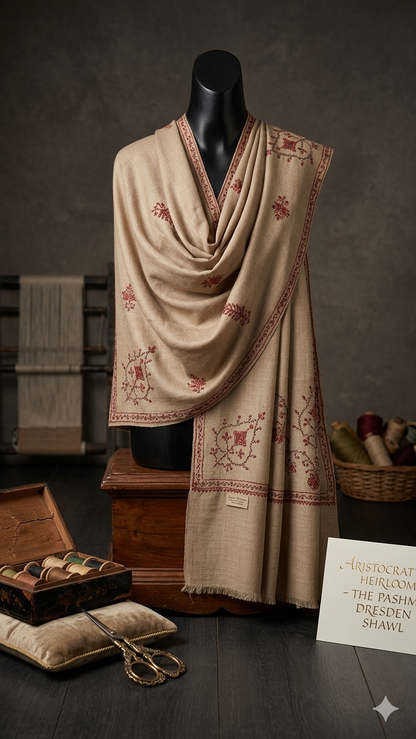 Heritage Bloom: Hand-Embroidered Beige Pashmina Shawl