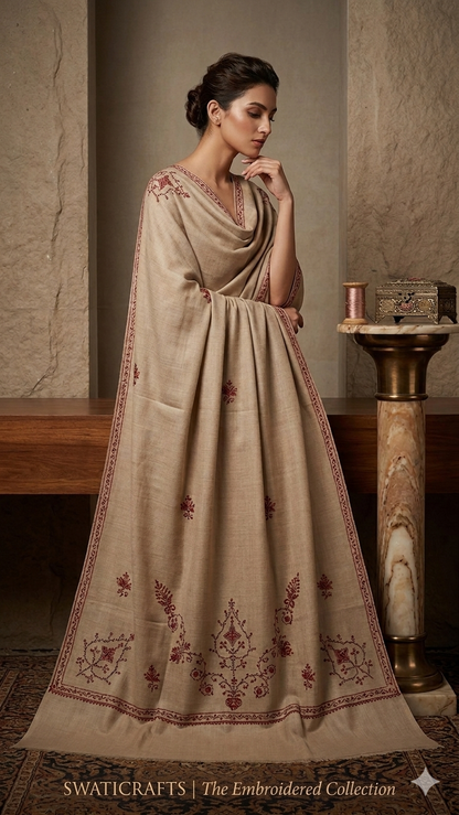 Heritage Bloom: Hand-Embroidered Beige Pashmina Shawl