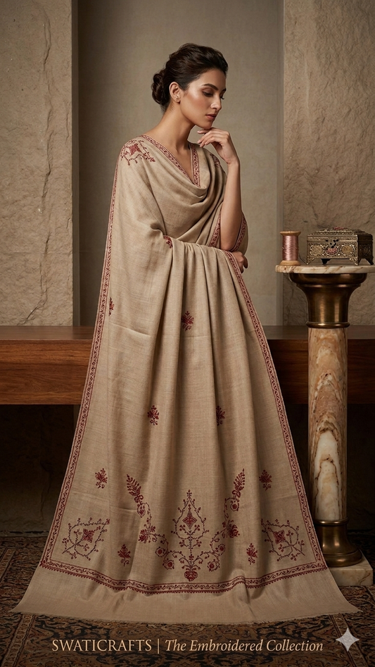 Heritage Bloom: Hand-Embroidered Beige Pashmina Shawl