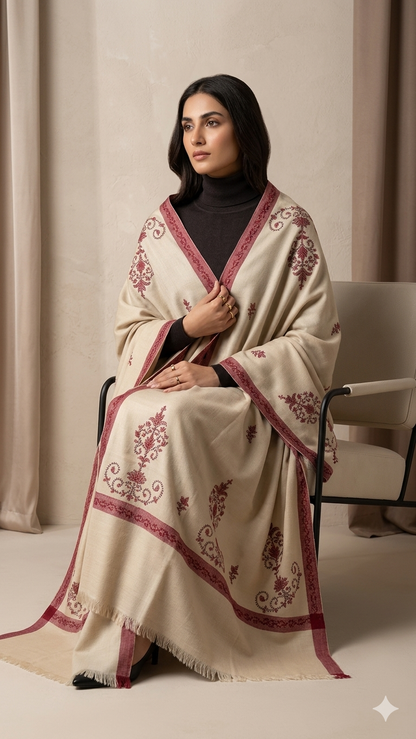 Heritage Bloom: Hand-Embroidered Beige Pashmina Shawl