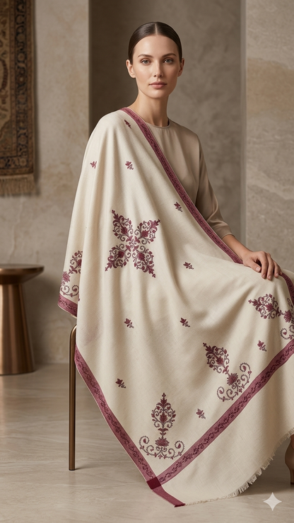 Heritage Bloom: Hand-Embroidered Beige Pashmina Shawl