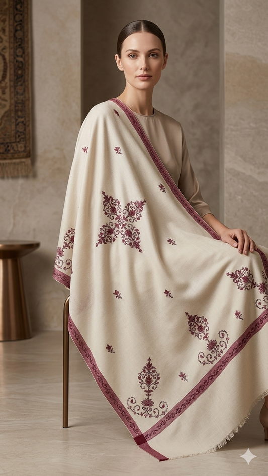 Heritage Bloom: Hand-Embroidered Beige Pashmina Shawl