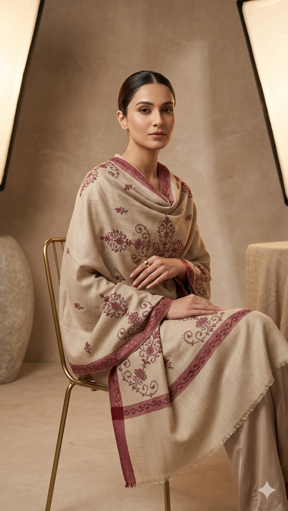 Heritage Bloom: Hand-Embroidered Beige Pashmina Shawl