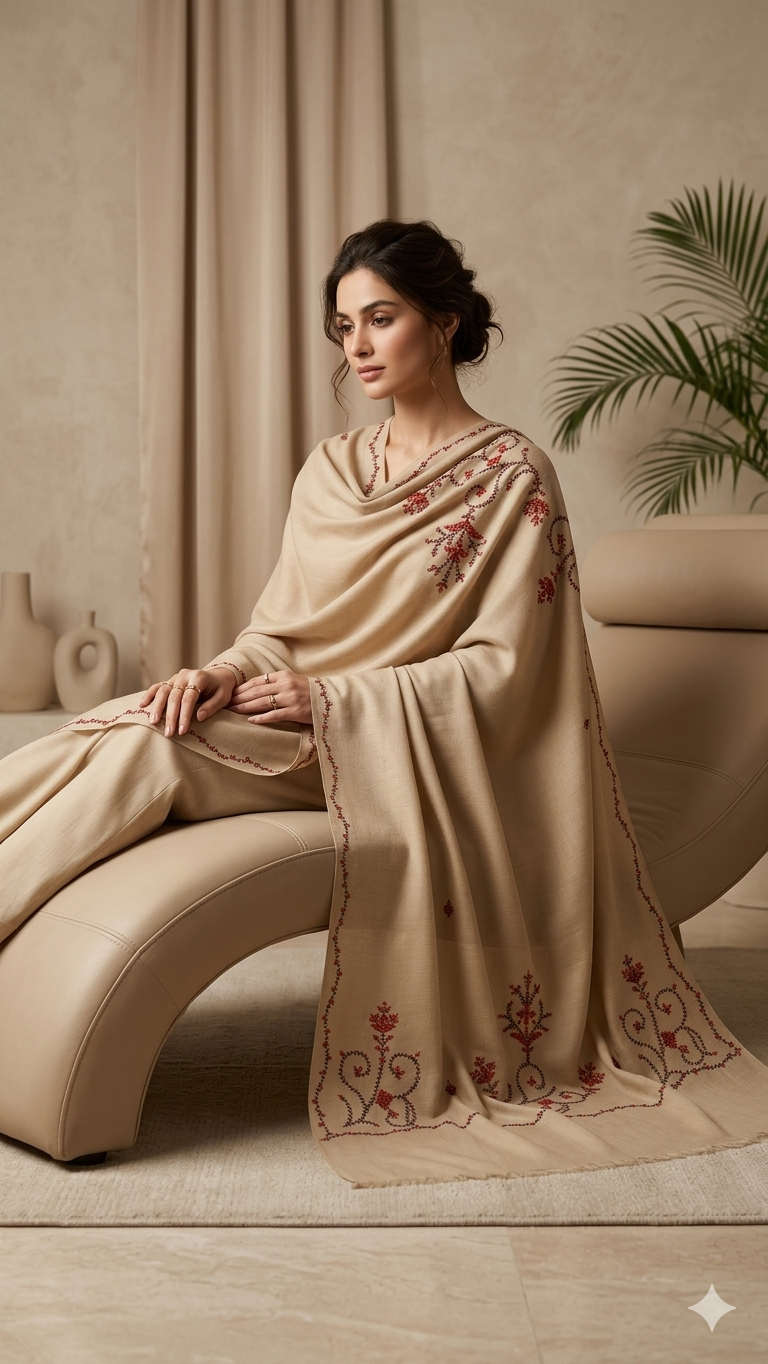 Heritage Bloom: Hand-Embroidered Beige Pashmina Shawl