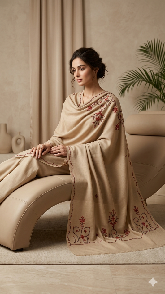 Heritage Bloom: Hand-Embroidered Beige Pashmina Shawl
